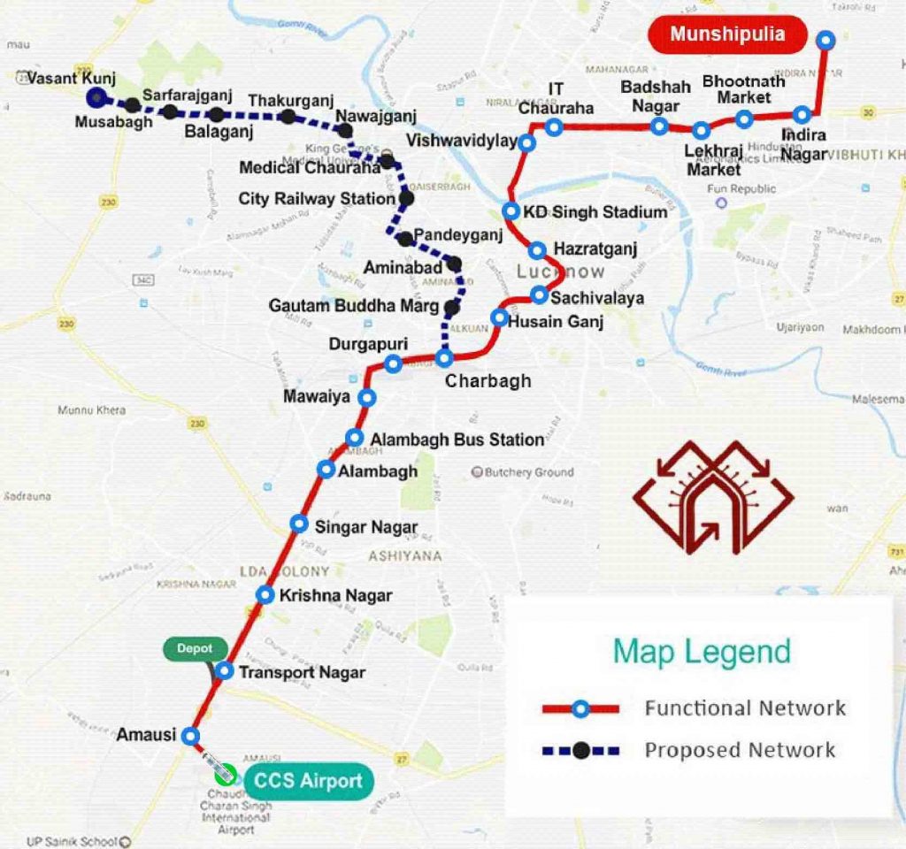 Lucknow Metro Route Map Timings Lines Facts Station   Lucknow Metro Map 1024x960 